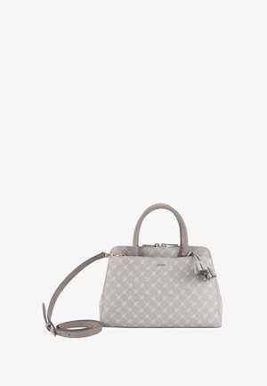 Svetlo siva oblikovalska torba z belim cvetličnim vzorcem, z dvojnimi ročaji, odstranjeno naramnico in zadrgo z dekorativnim resicami.