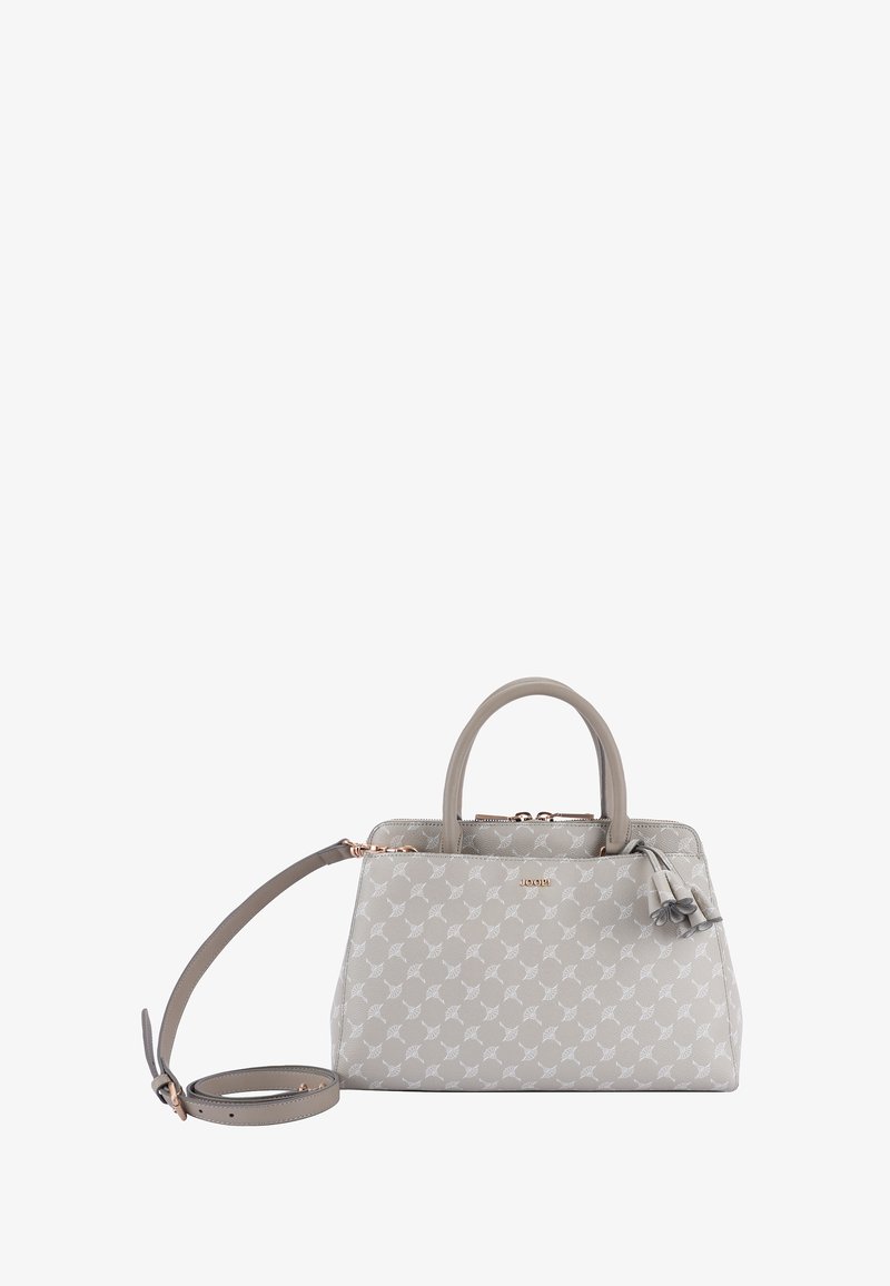 Lys grå designer håndtaske med hvidt blomster mønster, dobbelt håndtag, aftagelig skulderrem og kvast ved lynlåsen.