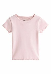 Pink ribbed short-sleeve t-shirt with a round neck and scalloped hem detailing. Made from soft, stretchy fabric for comfort.