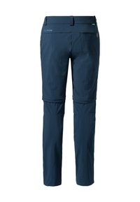 Pantalons de randonnée bleu marine à zip, avec une texture lisse, dotés d'une taille élastique et de trois poches, conçus pour la polyvalence et le confort.
