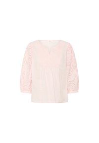 Ljusrosa blus med långa broderade ärmar, v-ringning och strukturerad frontpanel. Har en lös passform och mjukt bomullsmaterial.
