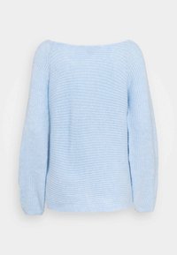 Lichtblauwe gebreide trui met lange mouwen, wijde halslijn en een textuurpatroon. Achteraanzicht dat de relaxte pasvorm en het zachte materiaal toont.