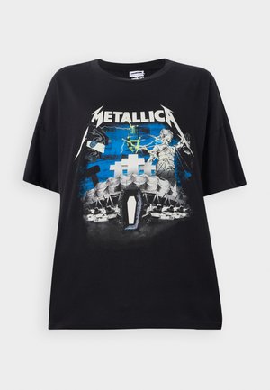 Black cotton t-shirt with a loose fit, featuring a colorful Metallica graphic, depicting statues and a sea landscape against a blue background.