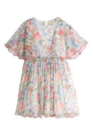 White floral dress with pink, blue, and green flowers, flutter sleeves, gathered waist, and scalloped edges on sleeves and hem.
