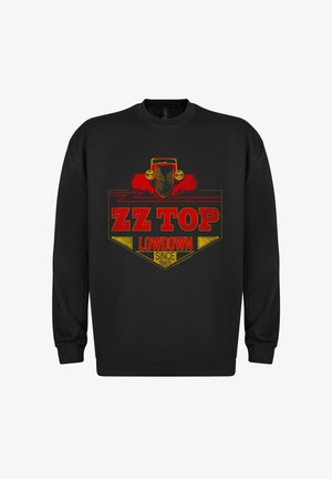Sort sweatshirt med grafisk design, der viser en klassisk bil samt teksten "ZZ TOP LOWDOWN" i rød og gul, etableret siden 1969.