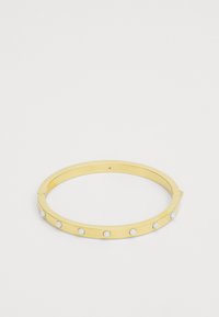 Gold-colored bracelet with a smooth, circular design, featuring six equally spaced, embedded white accents along the outer edge.