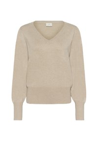 Pull beige à col en V avec manches longues, doté d'un ourlet et de poignets côtelés, confectionné dans un tissu tricoté doux et texturé.
