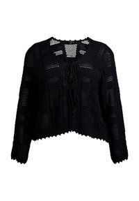 Svart stickad cardigan med texturerat mönster, kort design, snörning framtill och vågformade kanter på ärmar och nederkant.