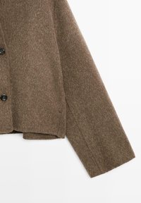 Manica di una giacca di lana marrone morbida con bottoni neri su uno sfondo bianco semplice, che mostra la texture e parte del davanti e della manica.