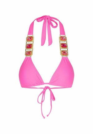 Top de bikini rosa con tirantes ajustables, que presenta herrajes dorados y acentos de gemas rosas en los tirantes de los hombros. Copas triangulares y banda fruncida.