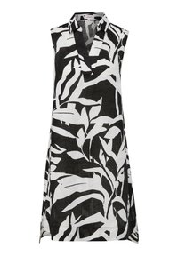 Schwarzes und weißes ärmelloses Kleid mit V-Ausschnitt, das ein auffälliges Blättermuster und einen lockeren Schnitt aufweist, hergestellt aus leichtem Stoff.
