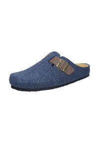 Blaue Filz-Schlupfschuh mit schwarzer Sohle, ausgestattet mit einem braunen Riemen und einer Messing-Schnalle oben.