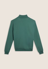 Maglione verde con colletto alto, maniche lunghe e polsini a costine. Caratterizzato da una texture morbida e un colore uniforme senza motivi visibili.