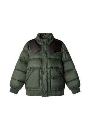 Green puffer jacket with black shoulder panels, high collar, two front pockets, elastic cuffs, and a patch on the left sleeve.