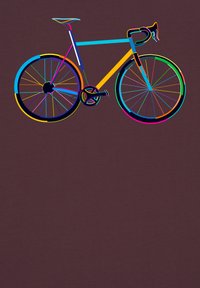 Bunte Grafik eines Fahrrads mit einem blauen Rahmen, mehrfarbigen Rädern und einem schwarzen Sattel, vor einem dunkelbraunen Hintergrund.