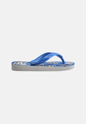 Child-sized blue and white flip-flop with cartoon soccer ball and character print, featuring blue Y-shaped straps.