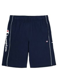 Pantalones cortos deportivos azul marino hechos de una tela con cintura elástica, que cuentan con un ribete blanco y un prominente logo blanco de "Champion" en el lateral.