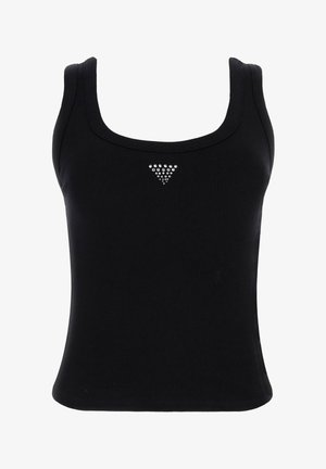 Top de tirantes negro de canalé con escote en forma de corazón y tirantes delgados. Presenta un pequeño adorno triangular de strass en la parte central delantera.