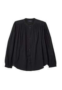 Schwarzes Langarmshirt aus leichtem Stoff, mit Rundhalsausschnitt, Knopfverschluss und Raffung an den Schultern und Manschetten.