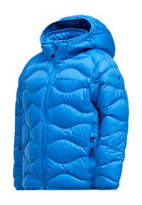 Lys blå quilted vinterjakke med hætte, frontlynlås og lynlåslommer på siden.