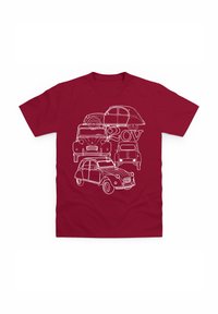 Bordová tričko s bílými liniovými kresbami různých klasických aut, včetně Citroënu 2CV, s podrobnými obrysy a tvary.