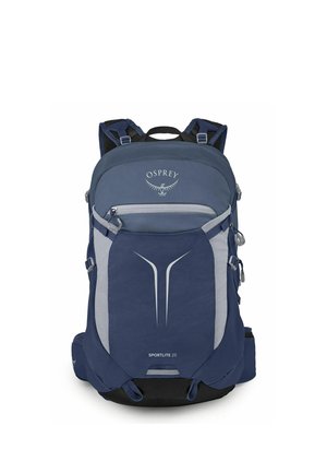 Sac à dos Osprey Sportlite 25 bleu et gris avec plusieurs compartiments et bretelles rembourrées.