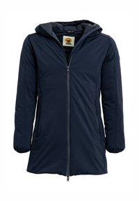 Marineblauwe hoodie gemaakt van zachte, lichte stof met een rits over de volledige lengte. Heeft zijzakken en een licht gebogen zoom.