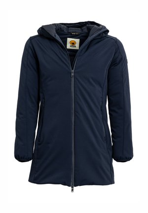 Giacca con cappuccio blu navy realizzata in un tessuto morbido e leggero, con zip a tutta lunghezza. Presenta tasche laterali e un orlo leggermente curvato.