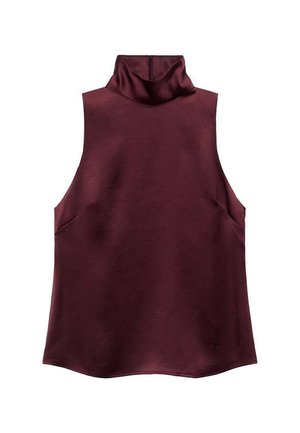 Top fără mâneci, de culoare burgundy, cu guler înalt și buzunare laterale, confecționat dintr-un material fin, cu croială lejeră, având un luciu subtil.