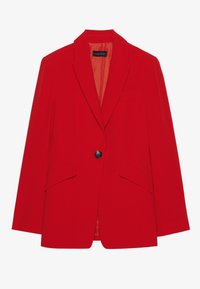 Blazer rouge sur mesure en tissu lisse. Il présente un bouton noir unique, deux poches avant et un col cranté. Intérieur doublé.