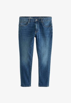 Schlanke blaue Jeans aus Denim, ausgestattet mit einem klassischen Fünf-Taschen-Design, leichter Waschung und subtilen Stickdetails an den Hüften.