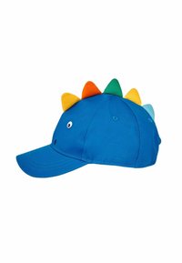 Cappellino di cotone blu con visiera curva, decorato con punte di dinosauro colorate in arancione, verde e azzurro sulla parte superiore, e due occhi sulla parte anteriore.