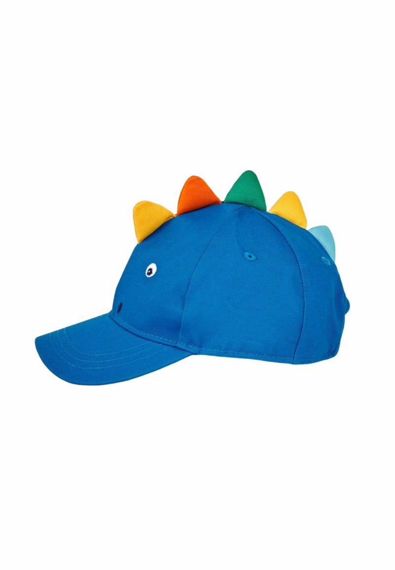 Cappellino di cotone blu con visiera curva, decorato con punte di dinosauro colorate in arancione, verde e azzurro sulla parte superiore, e due occhi sulla parte anteriore.