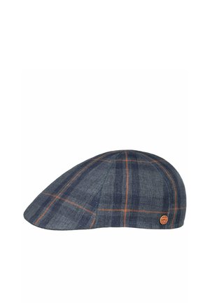 Blue flat cap with orange windowpane check pattern and small round logo patch on the side.