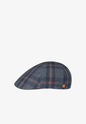 Blue flat cap with orange windowpane check pattern and small round logo patch on the side.