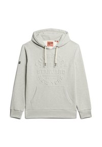 Sudadera gris con un bolsillo frontal, capucha con cordón y texto en relieve "Superdry" y "Standard" en el pecho. Tejido suave y puños acanalados.