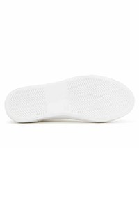 Weißer Sneaker-Sohle mit einem Fischgrätenmuster, glatter Oberfläche und flacher, abgerundeter Form. Es sind keine sichtbaren Markierungen oder Logos vorhanden.
