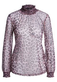 Transparent, langærmet bluse med høj rynket hals. Har et mønster med leopardprint i rosa og sort samt elastiske manchetter for pasform.