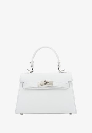 White leather handbag with a structured design, top handle, and silver hardware, featuring a buckle closure and subtle stitching details.