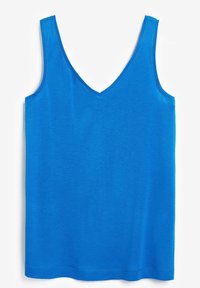 Blauw mouwloos tanktop met een V-hals ontwerp, gemaakt van zachte stof, met gelijkmatige stiksels en zonder zichtbare patronen of accenten.
