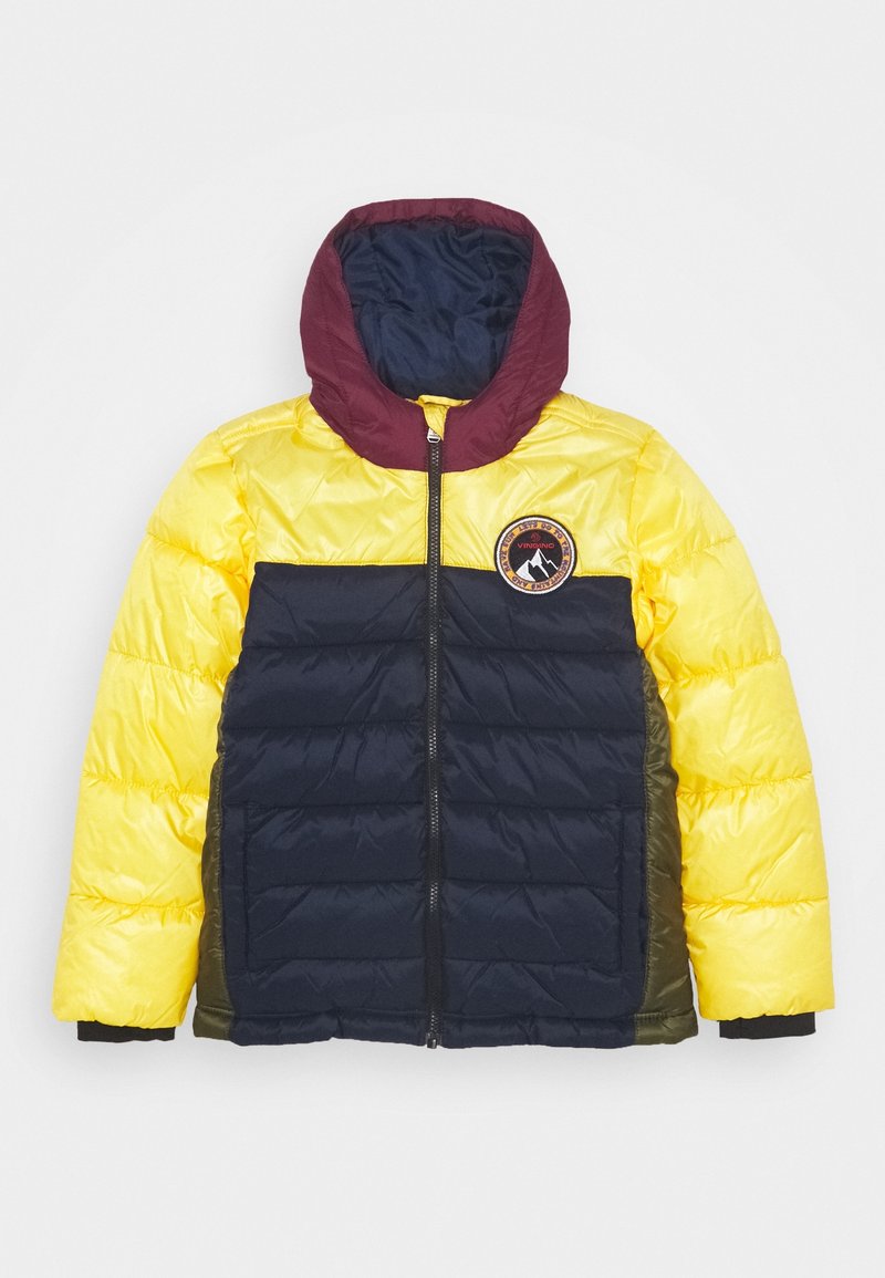 Padded jacket featuring yellow, navy, and maroon panels, with horizontal quilting, a zip front, and a circular logo detail on the chest.