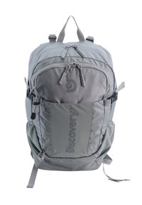 Gray backpack with a textured finish, multiple zippered compartments, adjustable straps, and a side pocket featuring a logo.
