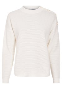 Maglione color crema con texture a costine, scollatura rotonda e grandi bottoni sulla spalla sinistra. Vestibilità rilassata, maniche lunghe.