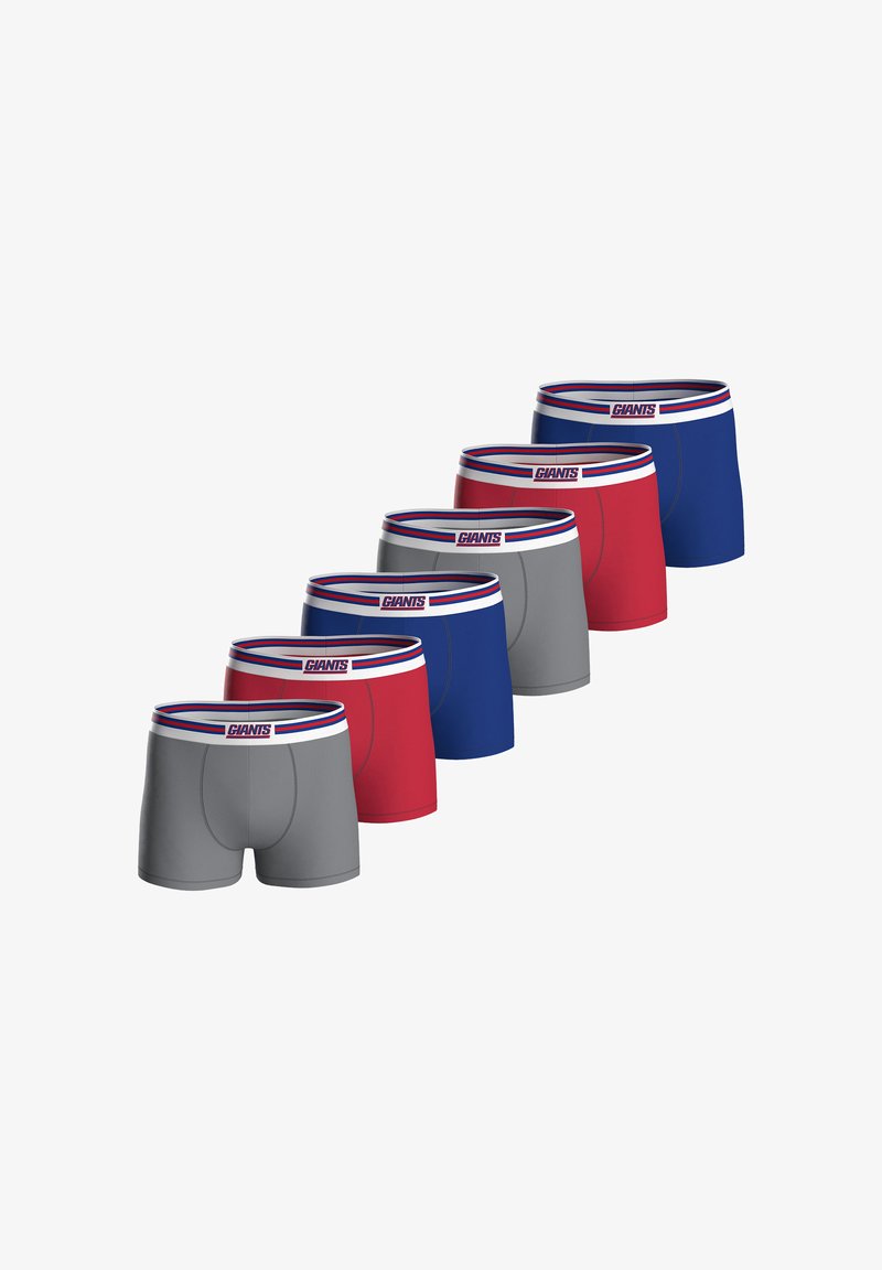 Sei paia di boxer da uomo in grigio, rosso e blu. Ognuno presenta una fascia in vita a contrasto con il logo "GIANTS" e delle strisce.