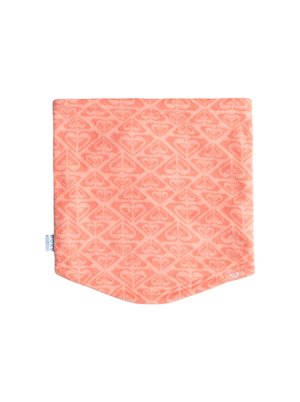 Tour de cou en polaire corail avec un motif en diamants et cœurs, présentant un bord inférieur incurvé et une petite étiquette de logo sur le côté.