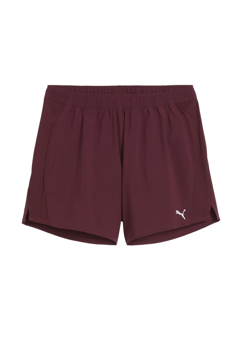 Burgundi sportlikud lühi püksid elastse vöökoha ja külgservadega, mille alumises vasakus nurgas on valge Puma logo.