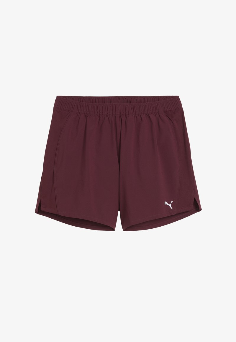 Burgundi sportlikud lühi püksid elastse vöökoha ja külgservadega, mille alumises vasakus nurgas on valge Puma logo.