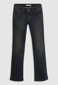 Jean en denim bleu foncé à coupe droite, avec cinq poches, une fermeture à bouton et un léger délavage aux cuisses et à l'ourlet.