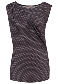 Mörklila ärmlös topp med draperad design, små blommönster och en slät textur, tillverkad av lättviktig tyg.