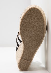 Semelle d'une sandale compensée beige avec semelle en caoutchouc texturée et lanières noires autour de la cheville, photographiée sur fond blanc.